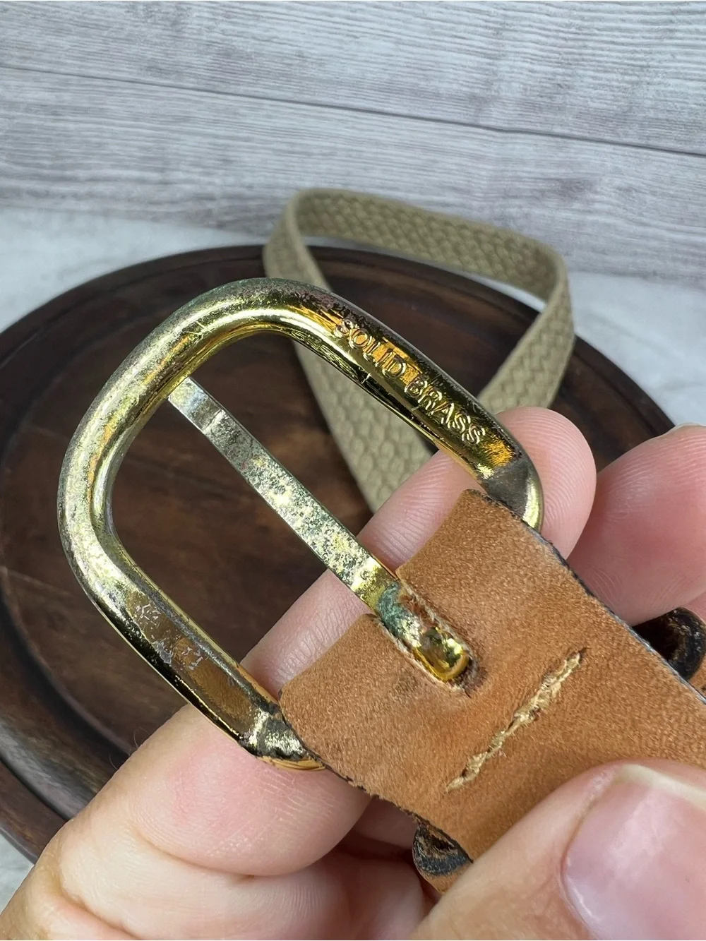 Vintage Zep-Pro Sport Belt 36 Taupe Woven Rope Leather Ends Brass Buckle USA